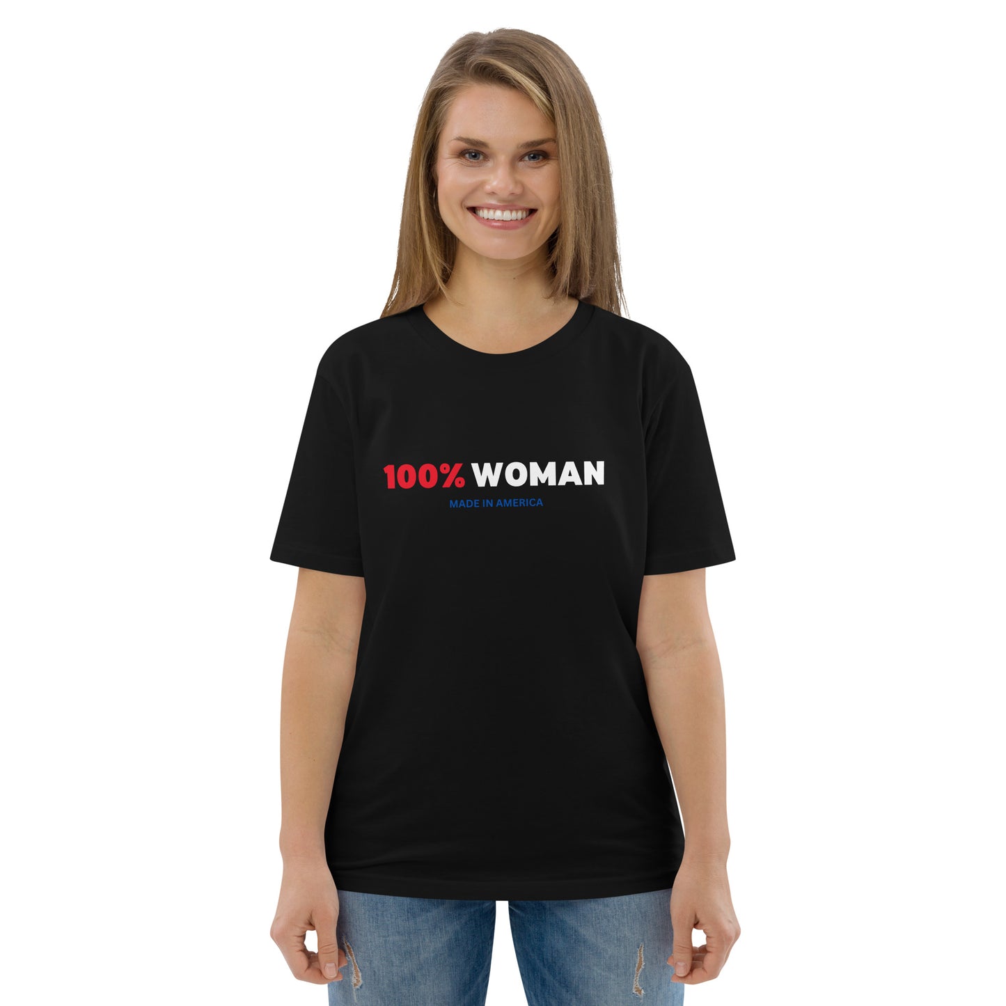 100% Woman USA Organic T-Shirt- Red, White & Blue Design